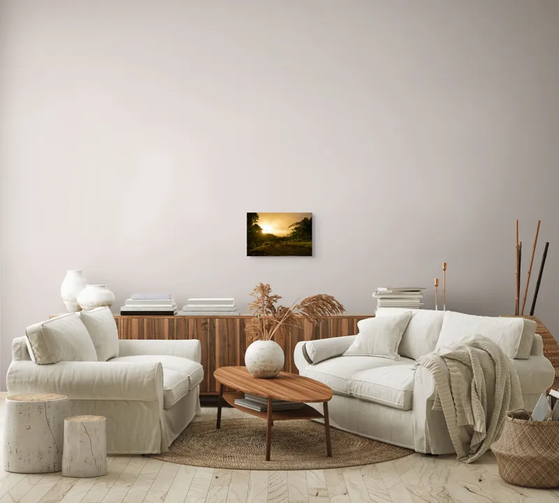 Tablou Canvas, "Răsărit de soare în pădurea senină", Soare, Apus, Pădure, Potecă, Lumină, Verdeață, Cer, Umbre, Natură, Împăcare, 39 x 26 cm – poza 7