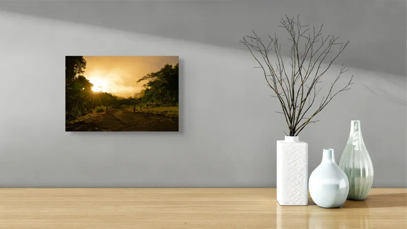 Tablou Canvas, "Răsărit de soare în pădurea senină", Soare, Apus, Pădure, Potecă, Lumină, Verdeață, Cer, Umbre, Natură, Împăcare, 39 x 26 cm – poza 8