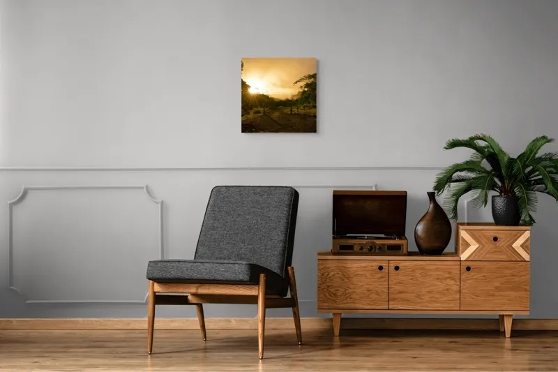 Tablou Canvas, "Răsărit de soare în pădurea senină", Soare, Apus, Pădure, Potecă, Lumină, Verdeață, Cer, Umbre, Natură, Împăcare, 50 x 50 cm – poza 6