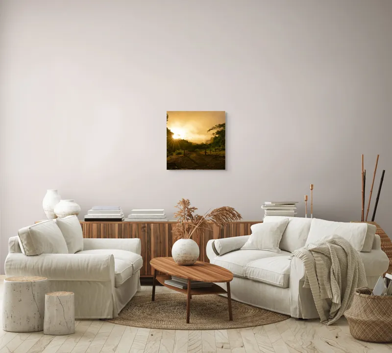 Tablou Canvas, "Răsărit de soare în pădurea senină", Soare, Apus, Pădure, Potecă, Lumină, Verdeață, Cer, Umbre, Natură, Împăcare, 50 x 50 cm – poza 7