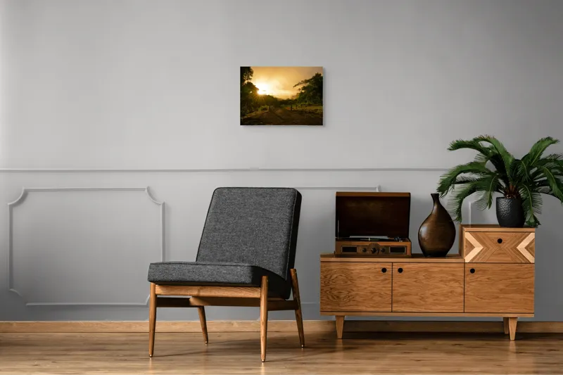 Tablou Canvas, "Răsărit de soare în pădurea senină", Soare, Apus, Pădure, Potecă, Lumină, Verdeață, Cer, Umbre, Natură, Împăcare, 54 x 39 cm – poza 7