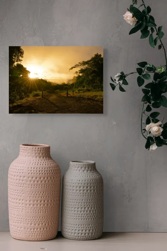 Tablou Canvas, "Răsărit de soare în pădurea senină", Soare, Apus, Pădure, Potecă, Lumină, Verdeață, Cer, Umbre, Natură, Împăcare, 54 x 39 cm – poza 8