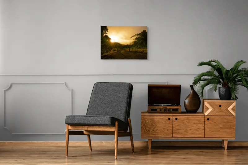 Tablou Canvas, "Răsărit de soare în pădurea senină", Soare, Apus, Pădure, Potecă, Lumină, Verdeață, Cer, Umbre, Natură, Împăcare, 70 x 50 cm – poza 4