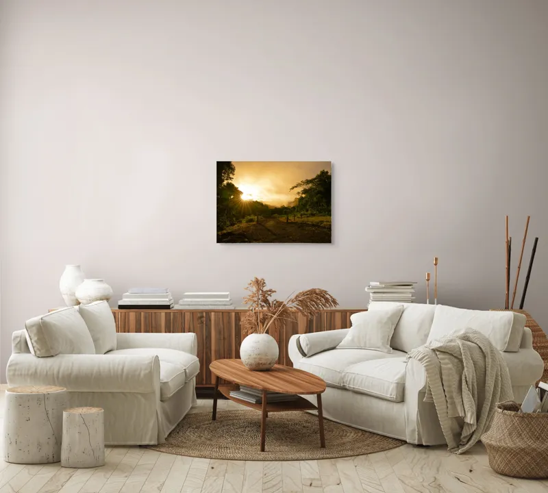 Tablou Canvas, "Răsărit de soare în pădurea senină", Soare, Apus, Pădure, Potecă, Lumină, Verdeață, Cer, Umbre, Natură, Împăcare, 70 x 50 cm – poza 6