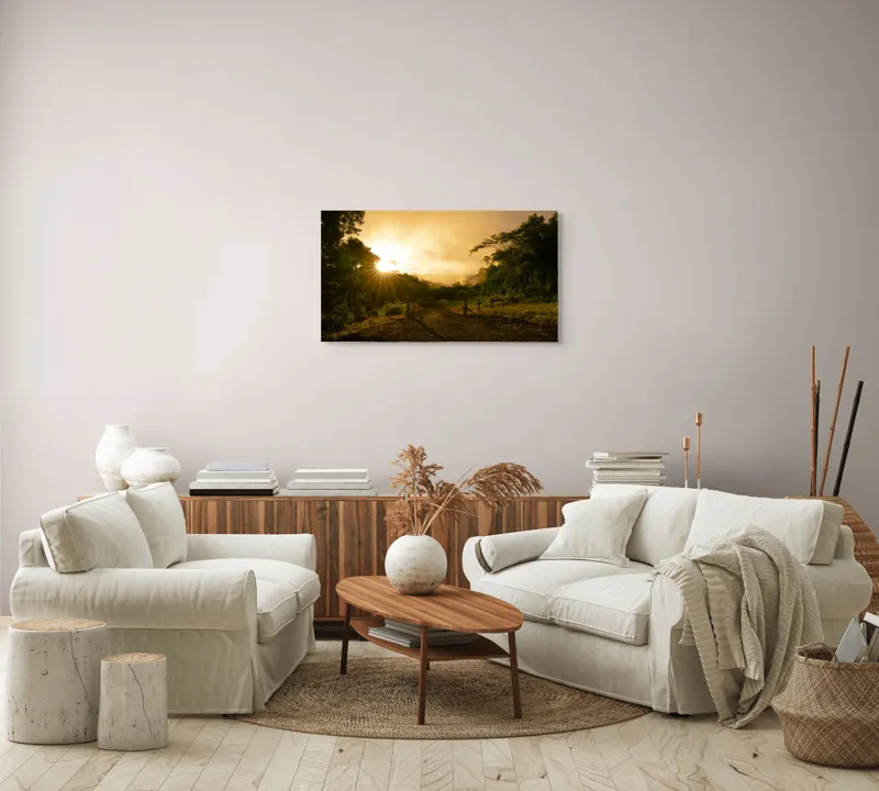Tablou Canvas, "Răsărit de soare în pădurea senină", Soare, Apus, Pădure, Potecă, Lumină, Verdeață, Cer, Umbre, Natură, Împăcare, 90 x 50 cm – poza 4