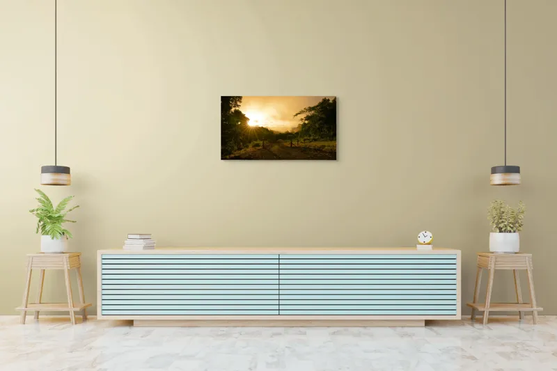 Tablou Canvas, "Răsărit de soare în pădurea senină", Soare, Apus, Pădure, Potecă, Lumină, Verdeață, Cer, Umbre, Natură, Împăcare, 90 x 50 cm – poza 5