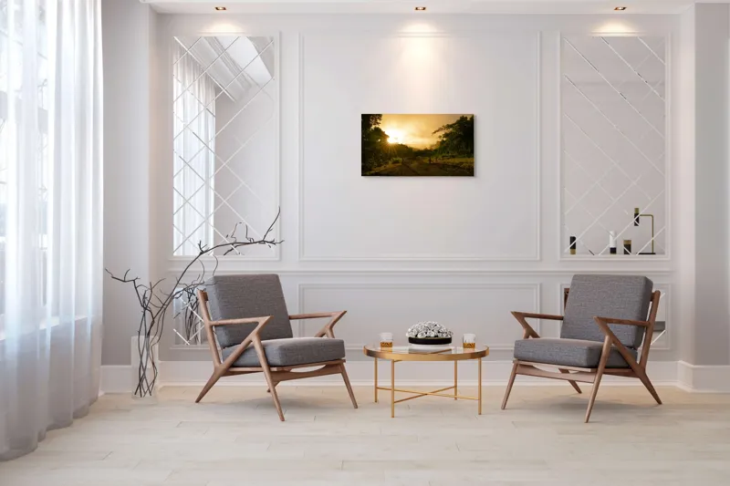 Tablou Canvas, "Răsărit de soare în pădurea senină", Soare, Apus, Pădure, Potecă, Lumină, Verdeață, Cer, Umbre, Natură, Împăcare, 90 x 50 cm – poza 7