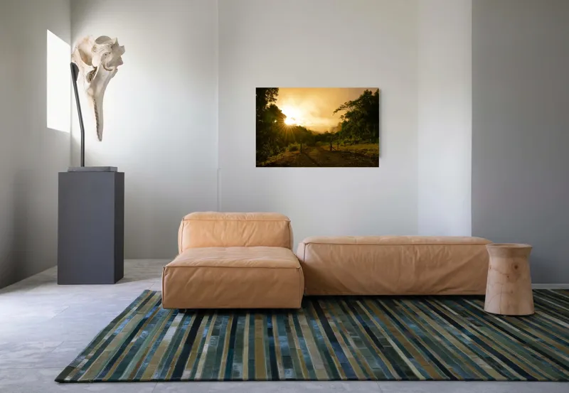 Tablou Canvas, "Răsărit de soare în pădurea senină", Soare, Apus, Pădure, Potecă, Lumină, Verdeață, Cer, Umbre, Natură, Împăcare, 90 x 50 cm – poza 8