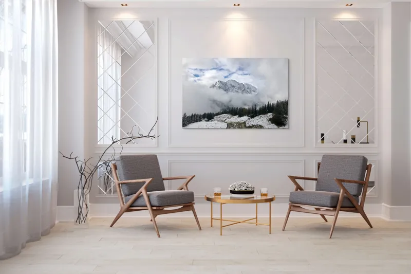 Tablou Canvas, "Vârful înghețat printre nori albi", Nori, Munți, Zăpadă, Pini, Cărare, Peisaj, Cer, Albastru, Frig, Natură, 150 x 100 cm – poza 7