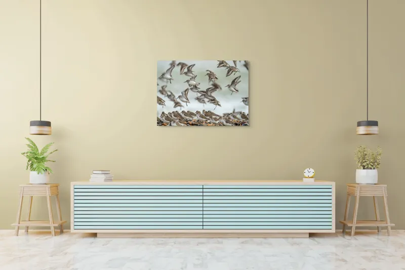 Tablou Canvas, "Dansul grațios al păsărilor pe coastă", Păsări, Zbor, Cer, Cuib, Natură, Aripi, Libertate, Peisaj, Agitație, Grup., 100 x 70 cm – poza 4