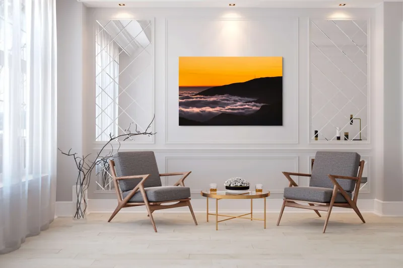 Tablou Canvas, "Marea de nori sub cerul portocaliu", Cer, Nori, Apus, Siluetă, Calm, Munți, 150 x 100 cm – poza 7