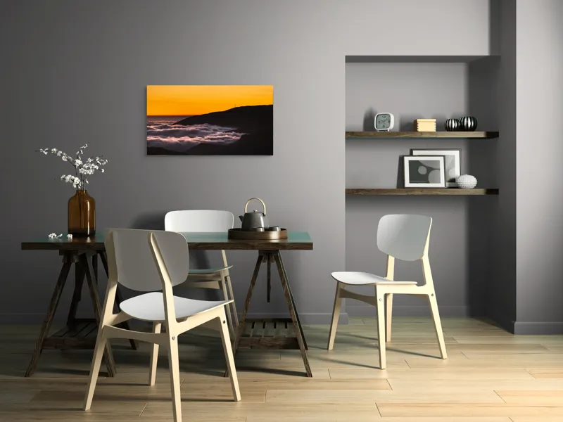 Tablou Canvas, "Marea de nori sub cerul portocaliu", Cer, Nori, Apus, Siluetă, Calm, Munți, 90 x 50 cm – poza 3