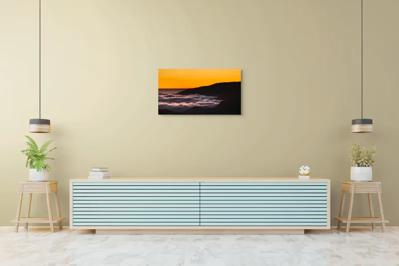 Tablou Canvas, "Marea de nori sub cerul portocaliu", Cer, Nori, Apus, Siluetă, Calm, Munți, 90 x 50 cm – poza 5