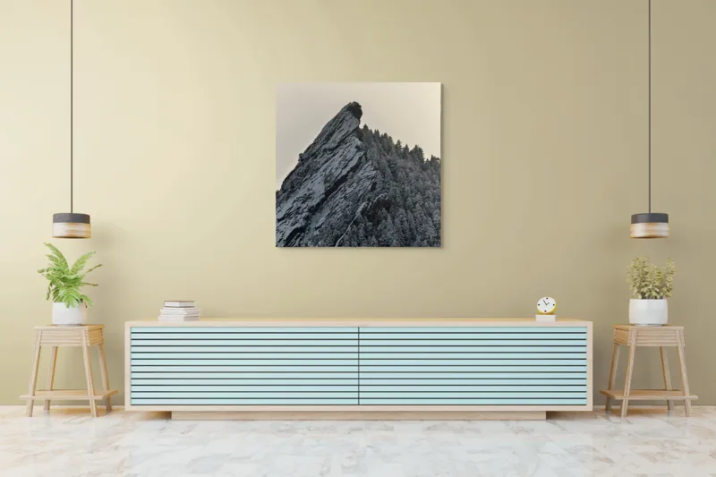 Tablou Canvas, "Piatra înghețată sub cerul noros", Rocă, Zăpadă, Pădure, Cer, Iarnă, 100 x 100 cm – poza 5