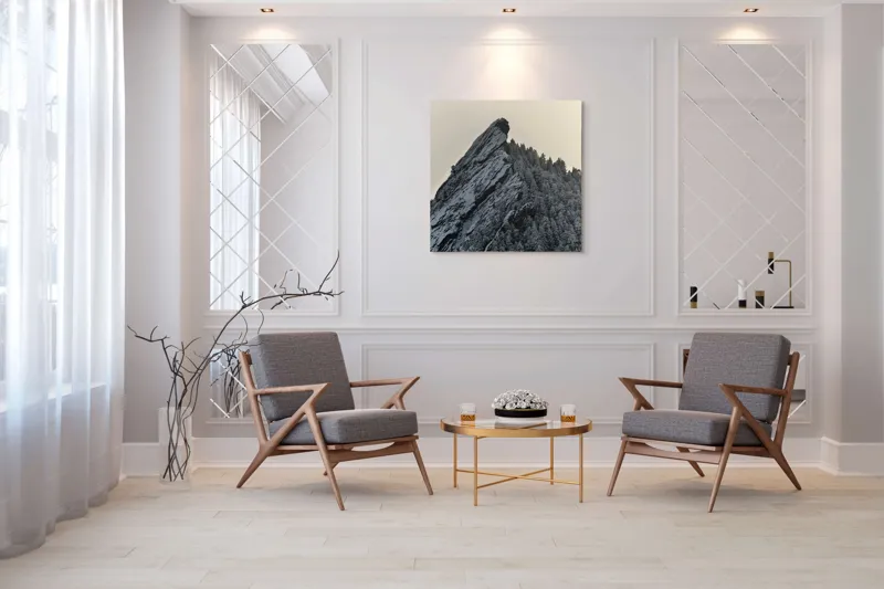Tablou Canvas, "Piatra înghețată sub cerul noros", Rocă, Zăpadă, Pădure, Cer, Iarnă, 100 x 100 cm – poza 7