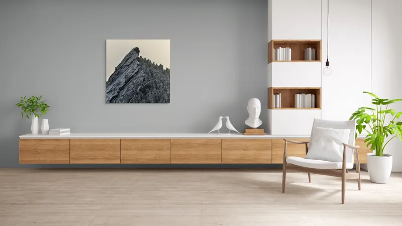 Tablou Canvas, "Piatra înghețată sub cerul noros", Rocă, Zăpadă, Pădure, Cer, Iarnă, 100 x 100 cm – poza 8