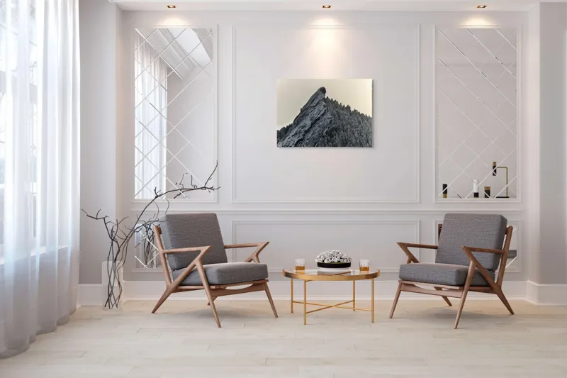 Tablou Canvas, "Piatra înghețată sub cerul noros", Rocă, Zăpadă, Pădure, Cer, Iarnă, 100 x 70 cm – poza 5