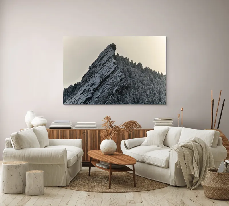 Tablou Canvas, "Piatra înghețată sub cerul noros", Rocă, Zăpadă, Pădure, Cer, Iarnă, 150 x 100 cm – poza 3