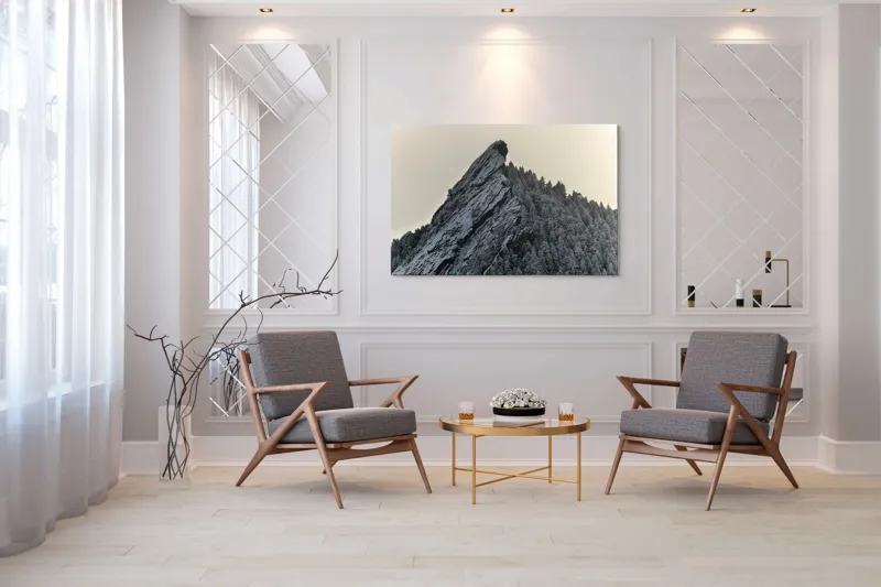 Tablou Canvas, "Piatra înghețată sub cerul noros", Rocă, Zăpadă, Pădure, Cer, Iarnă, 150 x 100 cm – poza 7