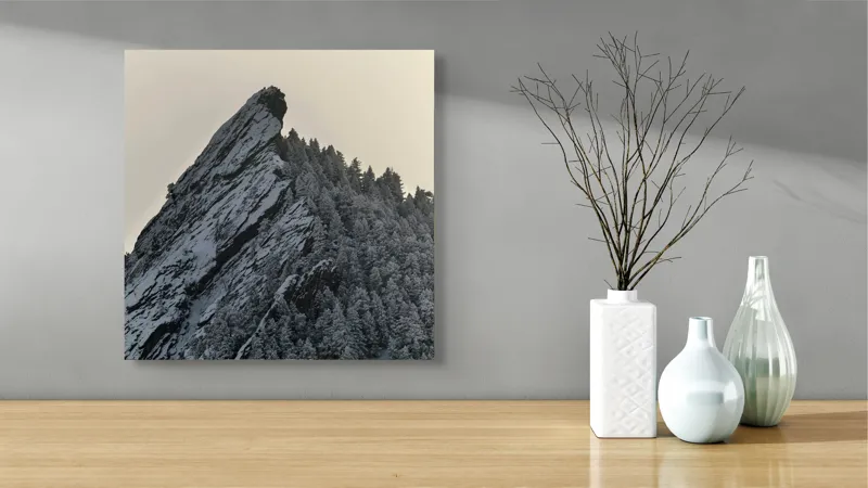Tablou Canvas, "Piatra înghețată sub cerul noros", Rocă, Zăpadă, Pădure, Cer, Iarnă, 50 x 50 cm – poza 3