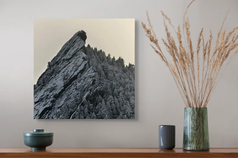 Tablou Canvas, "Piatra înghețată sub cerul noros", Rocă, Zăpadă, Pădure, Cer, Iarnă, 50 x 50 cm – poza 4