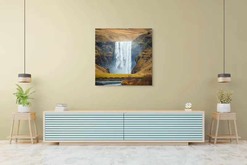 Tablou Canvas, "Cascada în mijlocul naturii sălbatice", Cascadă, Spectaculoasă, Natura, Sălbatic, Peisaj, Apă, Munți, Valuri, Râu, Înălțime, Verdeață, 100 x 100 cm – poza 5