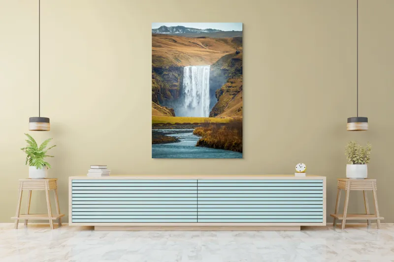 Tablou Canvas, "Cascada în mijlocul naturii sălbatice", Cascadă, Spectaculoasă, Natura, Sălbatic, Peisaj, Apă, Munți, Valuri, Râu, Înălțime, Verdeață, 100 x 150 cm – poza 4