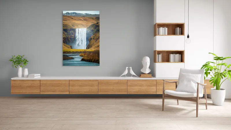 Tablou Canvas, "Cascada în mijlocul naturii sălbatice", Cascadă, Spectaculoasă, Natura, Sălbatic, Peisaj, Apă, Munți, Valuri, Râu, Înălțime, Verdeață, 100 x 150 cm – poza 8