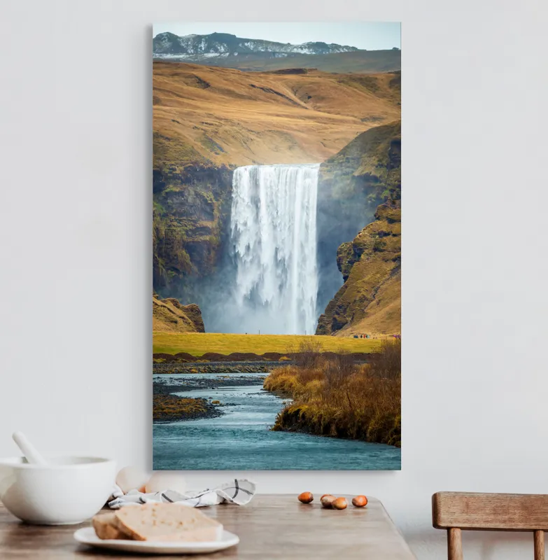 Tablou Canvas, "Cascada în mijlocul naturii sălbatice", Cascadă, Spectaculoasă, Natura, Sălbatic, Peisaj, Apă, Munți, Valuri, Râu, Înălțime, Verdeață, 50 x 90 cm – poza 3