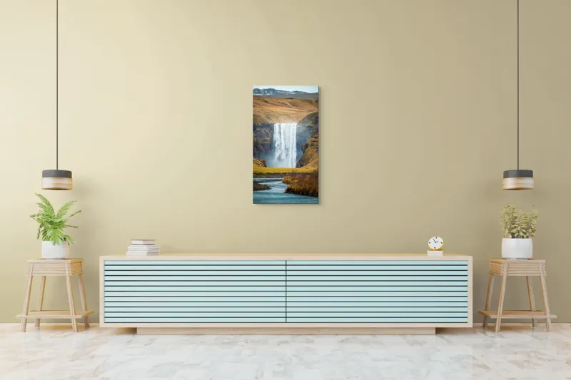 Tablou Canvas, "Cascada în mijlocul naturii sălbatice", Cascadă, Spectaculoasă, Natura, Sălbatic, Peisaj, Apă, Munți, Valuri, Râu, Înălțime, Verdeață, 50 x 90 cm – poza 6