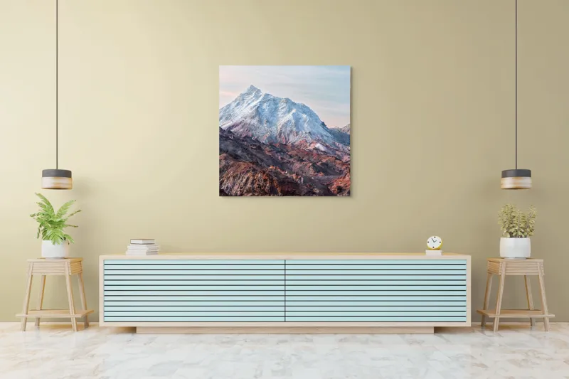 Tablou Canvas, "Zăpezile eterne ale muntelui colorat", Alb, Stâncos, Magnific, Înghețat, Impunător, Liniștitor, Pitoresc, Atrăgător, Sclipitor, Tăcut, 100 x 100 cm – poza 5