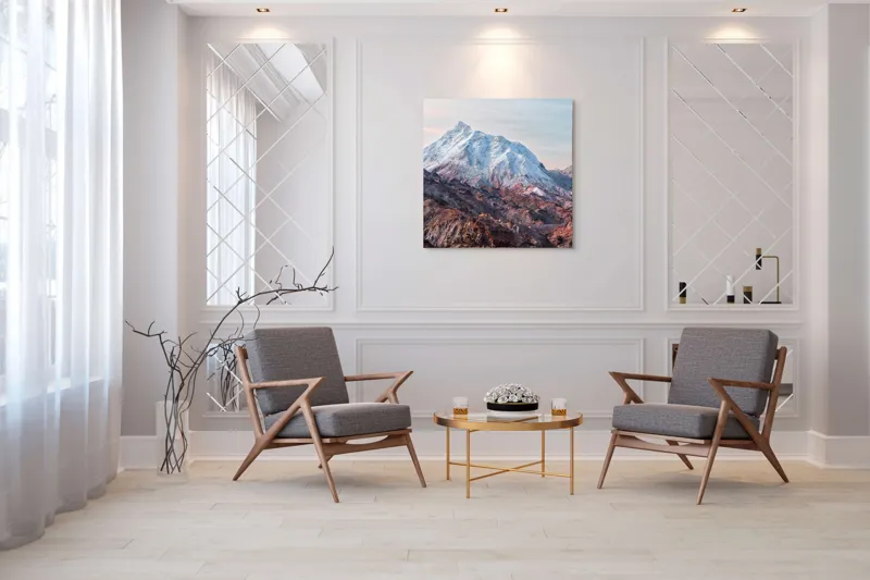 Tablou Canvas, "Zăpezile eterne ale muntelui colorat", Alb, Stâncos, Magnific, Înghețat, Impunător, Liniștitor, Pitoresc, Atrăgător, Sclipitor, Tăcut, 100 x 100 cm – poza 7