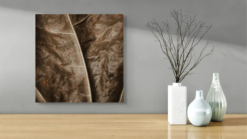 Tablou Canvas, "Textura enigmatică a frunzei uscate", Veins, Texture, Brown, Leaf, Pattern, Nature, Organic, Detail, Surface, Natural, 50 x 50 cm – poza 3