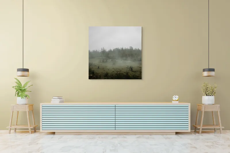 Tablou Canvas, "Câmpie învăluită în ceață dimineața", Ceață, Pajiște, Copaci, Tăcere, Melancolie, Natură, Răcoare, Verdeață, Mister, Liniște, 100 x 100 cm – poza 5