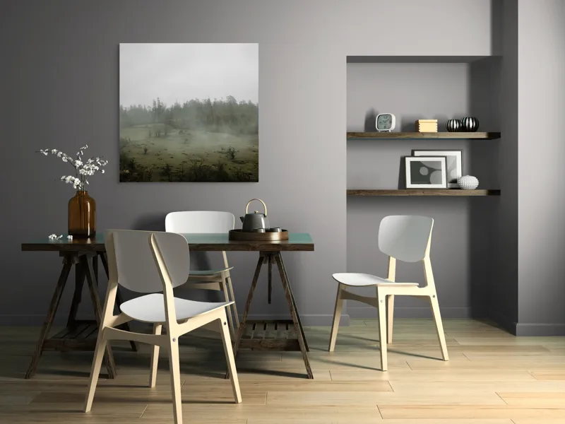 Tablou Canvas, "Câmpie învăluită în ceață dimineața", Ceață, Pajiște, Copaci, Tăcere, Melancolie, Natură, Răcoare, Verdeață, Mister, Liniște, 100 x 100 cm – poza 6