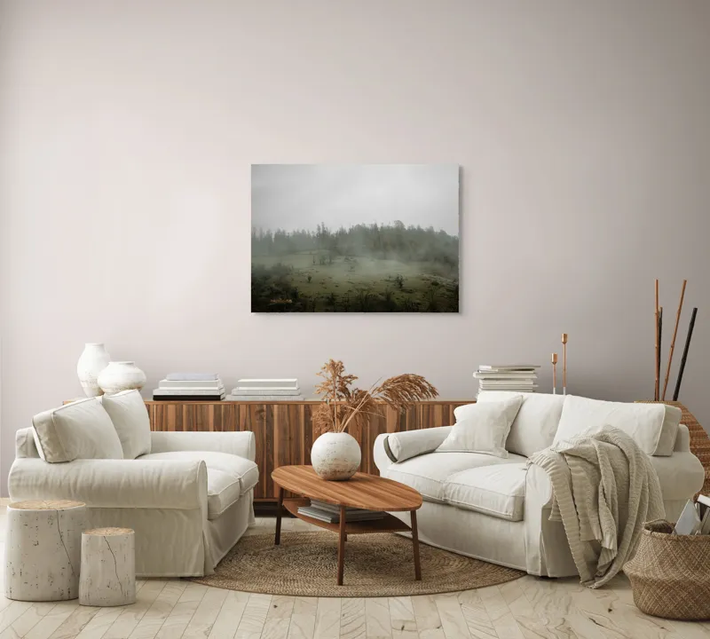 Tablou Canvas, "Câmpie învăluită în ceață dimineața", Ceață, Pajiște, Copaci, Tăcere, Melancolie, Natură, Răcoare, Verdeață, Mister, Liniște, 100 x 70 cm – poza 3