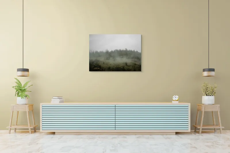 Tablou Canvas, "Câmpie învăluită în ceață dimineața", Ceață, Pajiște, Copaci, Tăcere, Melancolie, Natură, Răcoare, Verdeață, Mister, Liniște, 100 x 70 cm – poza 4