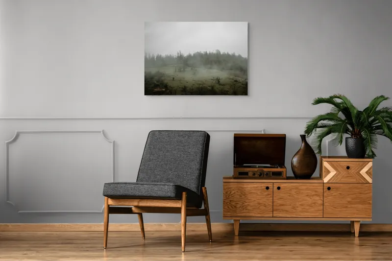 Tablou Canvas, "Câmpie învăluită în ceață dimineața", Ceață, Pajiște, Copaci, Tăcere, Melancolie, Natură, Răcoare, Verdeață, Mister, Liniște, 100 x 70 cm – poza 8