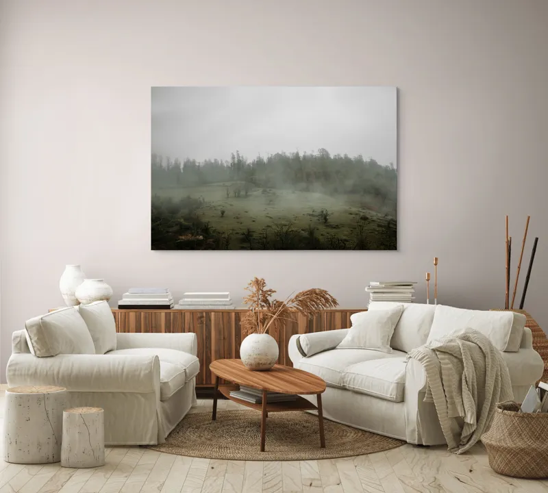 Tablou Canvas, "Câmpie învăluită în ceață dimineața", Ceață, Pajiște, Copaci, Tăcere, Melancolie, Natură, Răcoare, Verdeață, Mister, Liniște, 150 x 100 cm – poza 3