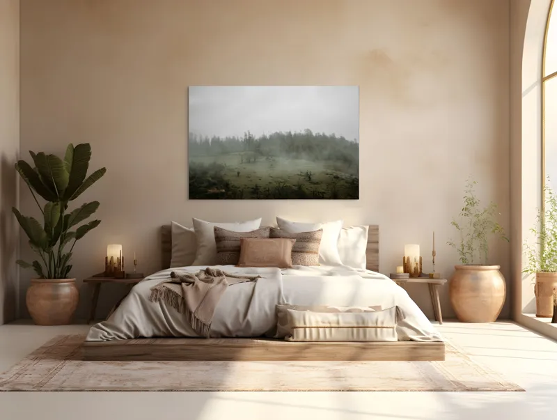 Tablou Canvas, "Câmpie învăluită în ceață dimineața", Ceață, Pajiște, Copaci, Tăcere, Melancolie, Natură, Răcoare, Verdeață, Mister, Liniște, 150 x 100 cm – poza 4