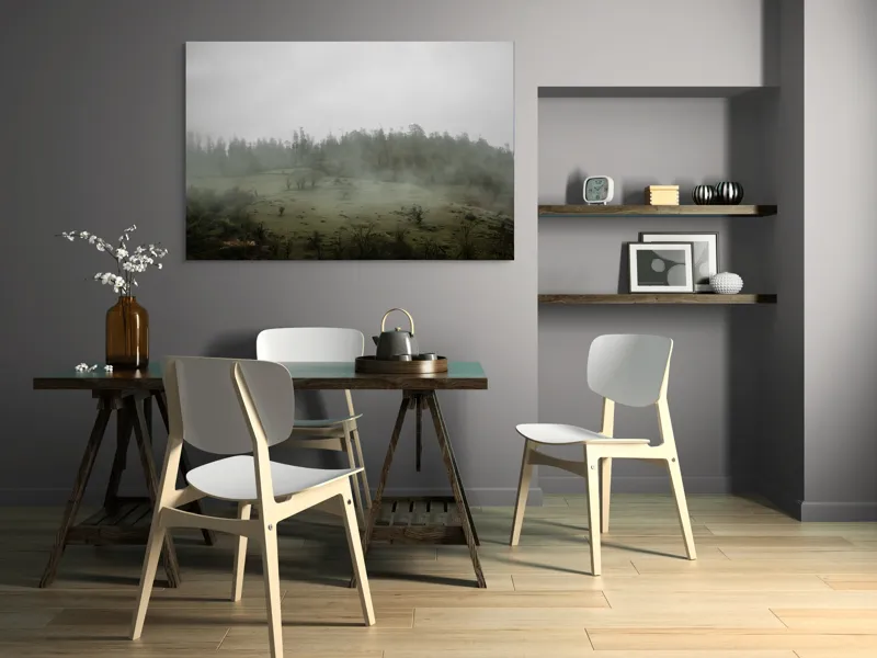 Tablou Canvas, "Câmpie învăluită în ceață dimineața", Ceață, Pajiște, Copaci, Tăcere, Melancolie, Natură, Răcoare, Verdeață, Mister, Liniște, 150 x 100 cm – poza 5