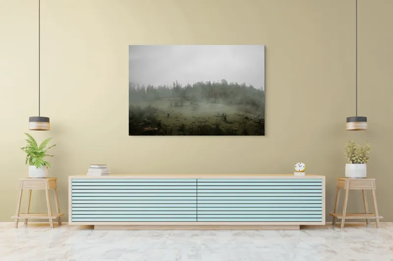Tablou Canvas, "Câmpie învăluită în ceață dimineața", Ceață, Pajiște, Copaci, Tăcere, Melancolie, Natură, Răcoare, Verdeață, Mister, Liniște, 150 x 100 cm – poza 6