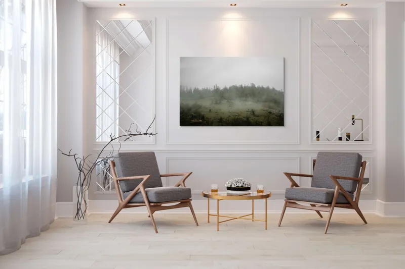 Tablou Canvas, "Câmpie învăluită în ceață dimineața", Ceață, Pajiște, Copaci, Tăcere, Melancolie, Natură, Răcoare, Verdeață, Mister, Liniște, 150 x 100 cm – poza 7