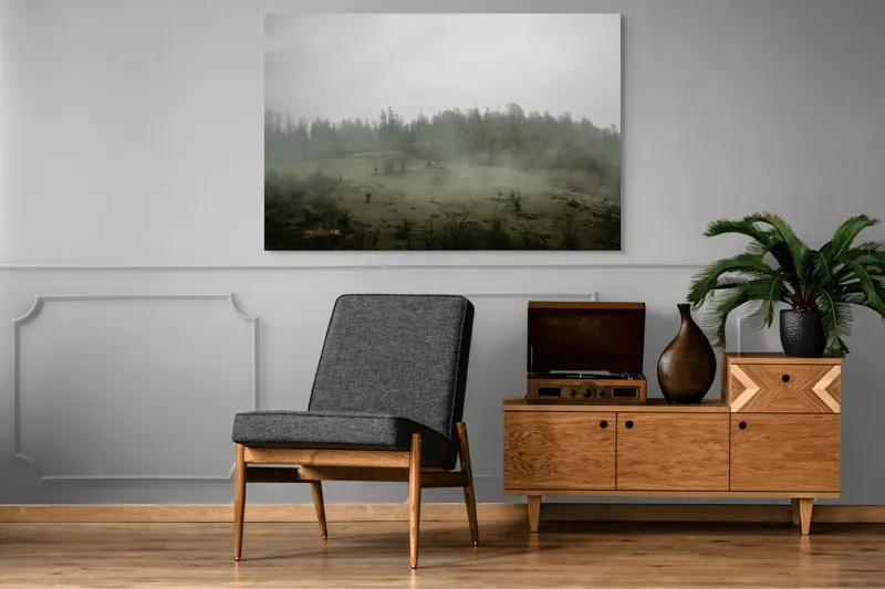 Tablou Canvas, "Câmpie învăluită în ceață dimineața", Ceață, Pajiște, Copaci, Tăcere, Melancolie, Natură, Răcoare, Verdeață, Mister, Liniște, 150 x 100 cm – poza 8
