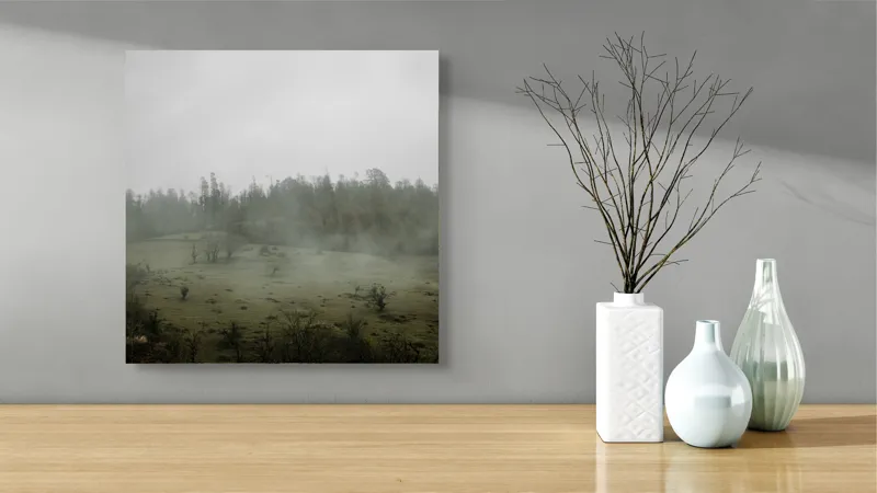 Tablou Canvas, "Câmpie învăluită în ceață dimineața", Ceață, Pajiște, Copaci, Tăcere, Melancolie, Natură, Răcoare, Verdeață, Mister, Liniște, 50 x 50 cm – poza 3