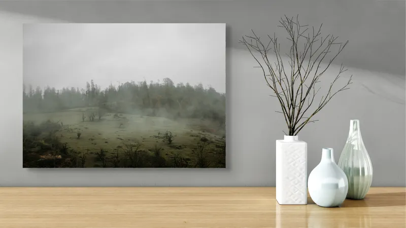 Tablou Canvas, "Câmpie învăluită în ceață dimineața", Ceață, Pajiște, Copaci, Tăcere, Melancolie, Natură, Răcoare, Verdeață, Mister, Liniște, 70 x 50 cm – poza 3