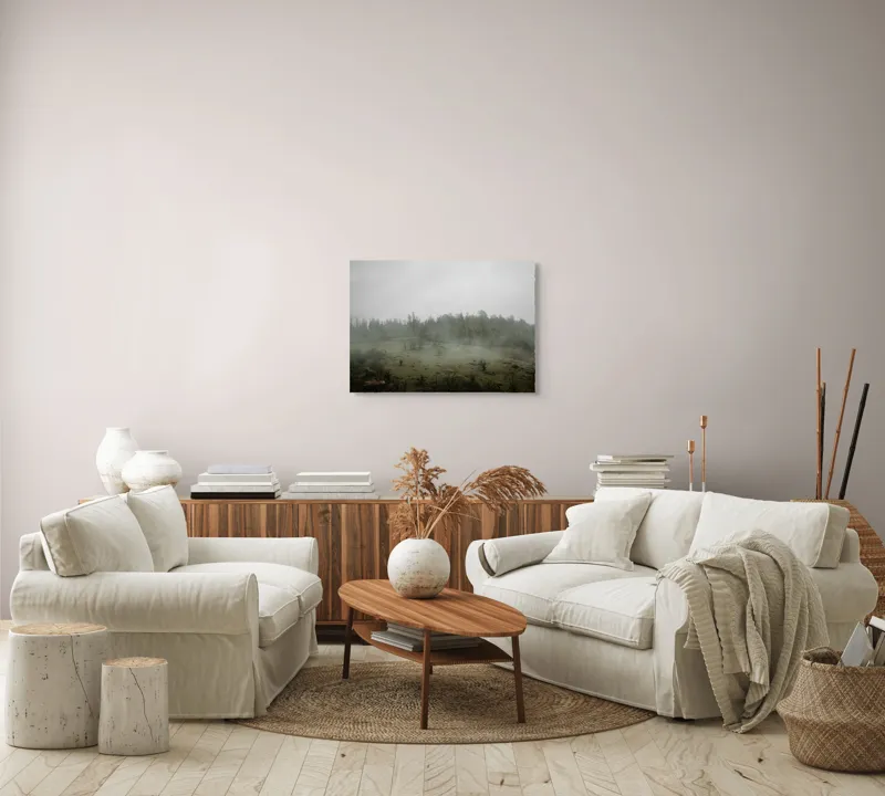 Tablou Canvas, "Câmpie învăluită în ceață dimineața", Ceață, Pajiște, Copaci, Tăcere, Melancolie, Natură, Răcoare, Verdeață, Mister, Liniște, 70 x 50 cm – poza 6