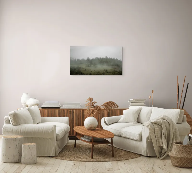 Tablou Canvas, "Câmpie învăluită în ceață dimineața", Ceață, Pajiște, Copaci, Tăcere, Melancolie, Natură, Răcoare, Verdeață, Mister, Liniște, 90 x 50 cm – poza 4