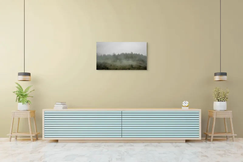 Tablou Canvas, "Câmpie învăluită în ceață dimineața", Ceață, Pajiște, Copaci, Tăcere, Melancolie, Natură, Răcoare, Verdeață, Mister, Liniște, 90 x 50 cm – poza 5