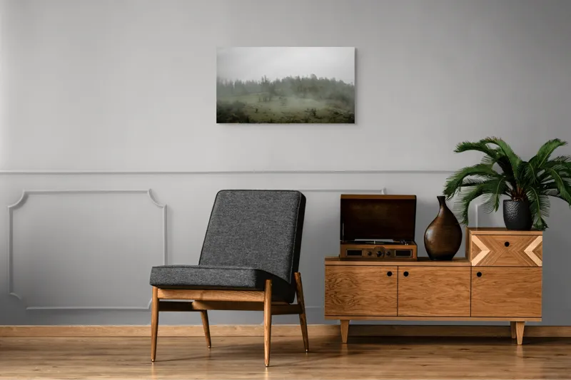Tablou Canvas, "Câmpie învăluită în ceață dimineața", Ceață, Pajiște, Copaci, Tăcere, Melancolie, Natură, Răcoare, Verdeață, Mister, Liniște, 90 x 50 cm – poza 6